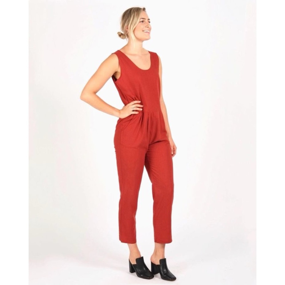 Ozma Coverall Jumpsuit (Sz L) Sleeveless Tapered Crop Raw Silk Noil Black - Picture 3 of 13
